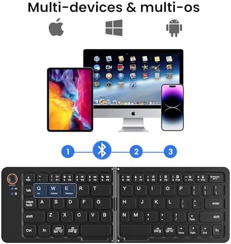 Ultimate Mini Wireless Folding Keyboard for Travel – Sync 3 Devices Effortlessly, Premium Aluminum Design for i Phone, i Pad, Mac, Android & Windows – Compact & Portable Full-Size Typing Solution