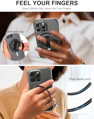 EWA Mag One Ultra Phone Grip Stand – Advanced Elastic Finger Loop & Magnetic Kickstand Holder for i Phone 16, 15, 14, 13 Pro/Max/Plus – Optimal Hands-Free Viewing & Superior Grip Stability – Sleek Black Design for Everyday Convenience