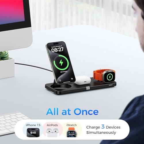 Ultimate 3-in-1 Wireless Charging Station for Apple Devices – Rapid 15 W Magnetic Charger for i Phone 16/15/14/13/12 Pro Max, Compatible with Apple Watch Series S2 to Ultra, Air Pods Pro/4/3/2 – Foldable Travel-Friendly Design for Effortless Charging Anywhere