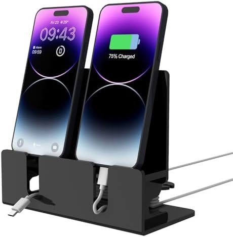 Dual Phone Holder Organizer Stand for 2 Phones, Acrylic Desktop Universal Mobile Phone Docking Station Charger Holder with Cable Management, Black – Enhanced Compatibility and Speed