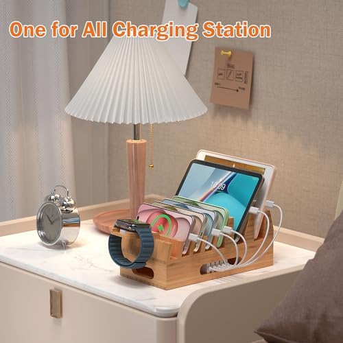 Eco-Friendly Bamboo Multi-Device Charging Station Organizer – Sleek Wood Dock for Phones, Tablets & Smartwatches – Clutter-Free Desktop Solution with Enhanced Compatibility (No USB Charger) – Elevate Your Workspace Aesthetics