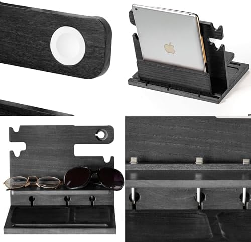 Premium Black Wood Multi-Device Docking Station – Sleek Nightstand Organizer with Hidden Drawer for Valuables, Ideal for Phones, Tablets, Apple Watch, Keys, and EDC Essentials – Streamlined Charging and Elegant Design for Home or Office