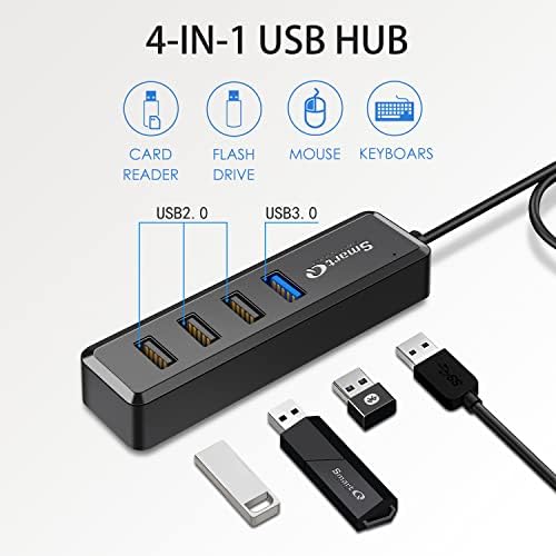 Smart Q H302 USB 3.0 Hub – 4-Port Connectivity Solution with Long Cable Options for Seamless Data Transfer up to 5 Gbps, Micro-B Charging for All Devices, Includes USB C Adapter – Boost Your Productivity & Versatile Workspace Efficiency