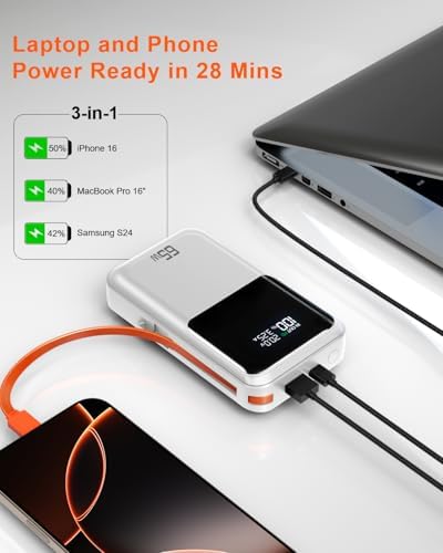 Ultimate 65 W Portable Laptop Power Bank – 27,000 m Ah Triple Port Fast Charger with Integrated USB-C & Lightning Cables | TSA-Compliant for Hassle-Free Travel | Smart Display & Enhanced Safety Features for Mac Book, i Phone, & Steam Deck | Your Essential On-the-Go Charging Solution for Maximum Productivity