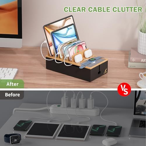 Pezin & Hulin Eco-Friendly Bamboo Cable Management Box – Sleek Desktop Organizer with 6 Cables for Tidy Charging Station, Stylish Wire Organizer for Electronic Devices, Enhances Workspace Efficiency and Aesthetics