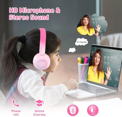 Vibrant LED Bluetooth Headphones for Kids – Lightweight, Hearing-Safe Design with Adjustable Volume Limits, Built-in Microphone, and Ultimate Comfort for School, Travel, and Home – Compatible with Tablets and Smartphones