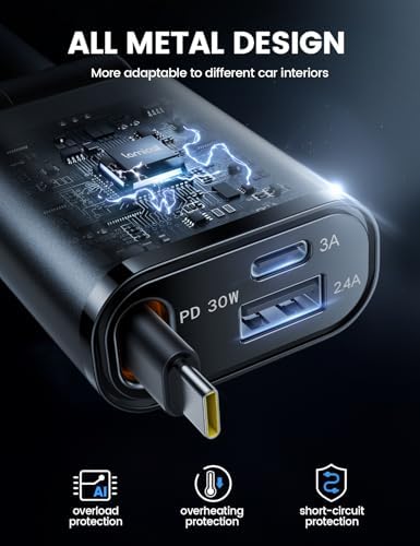 Ultra-Compact Lamicall Retractable Car Charger – 57 W USB-C Fast Charging for i Phone 16, Galaxy S25, Pixel Android | Space-Saving Design with Enhanced Compatibility & Safety Features for Quick On-the-Go Charging