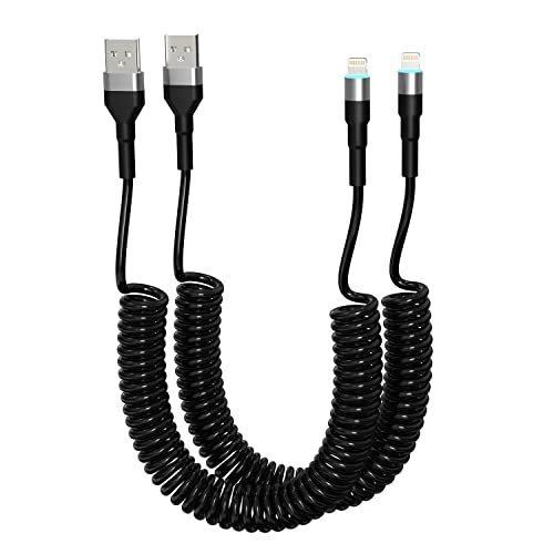 Premium Coiled i Phone Charging Cable 2-Pack – MFi Certified USB to Lightning Cord for Apple Car Play – Retractable, Tangle-Free Design with LED Indicator and Fast Data Transfer – Ideal for i Phone, i Pad, and i Pod on the Go – Enhanced Durability and Compatibility