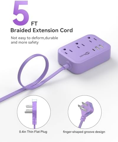 Compact PD 20 W USB C Travel Power Strip with Flat Plug Design, 3 AC Outlets & 3 USB Ports for Rapid Charging – Ideal Cruise Ship Essential & Versatile Charging Station for i Pad Pro, i Phone, Samsung Devices – 3 FT Short Extension Cord for Convenient Use