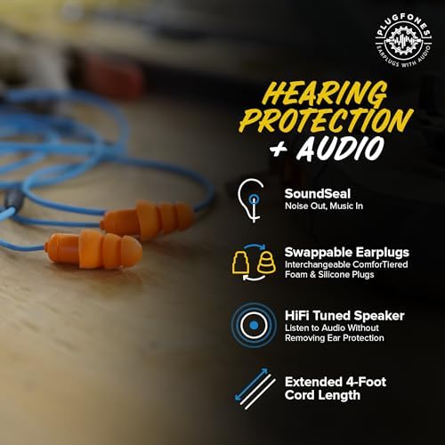 Plugfones Guardian Hybrid In-Ear Headphones with 29 d B Noise Reduction – OSHA Compliant Earplug Earbuds for Ultimate Hearing Protection and Superior Sound Quality – Includes Waterproof Case (Blue & Orange) for Easy Portability and Enhanced Durability