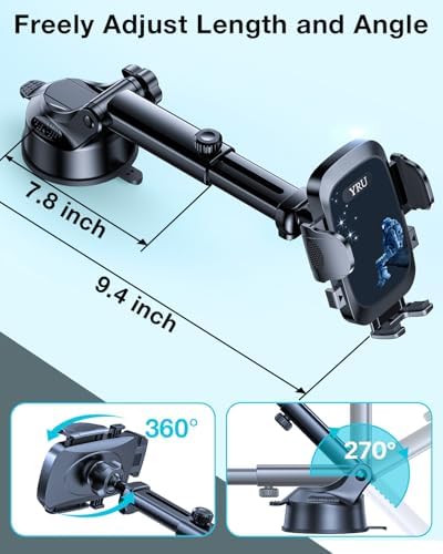YRU 2025 Military-Grade 360° Rotatable Suction Car Phone Holder – Ultimate Dashboard & Windshield Mount for i Phone 16/15 Pro Max & Samsung – Unmatched 90+ LBS Capacity, Enhanced Compatibility & Easy Installation – Secure, Durable, and Versatile Universal Cradle for Safe Hands-Free Navigation