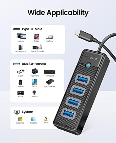 Ultra-Slim 4-Port USB 3.0 Hub by ORICO – High-Speed Data Splitter with 1.65 ft Extended Cable for Enhanced Connectivity, Perfect USB Adapter for Laptops, PCs, Mac Books, Xbox & More – Effortless Plug-and-Play Design for Seamless Device Management