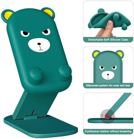 Cute Cell Phone Stand Foldable Adjustable Animal Phone Holder for Desk Silicone Protection Compatible with iPhone 16 15 14 13 12 Pro Max iPad Tablet Desk Accessories (Green Bear) – Enhanced Compatibility and Speed