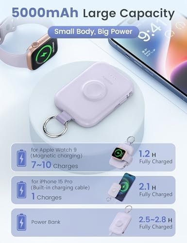 Compact RORRY 5000 m Ah Portable Charger Power Bank with Integrated Cables – Sleek Keychain Battery Pack for i Phone 16/15/14/13/12 and Apple Watch Ultra Series, Ultimate Travel Companion with Fast Charging and Modern Design