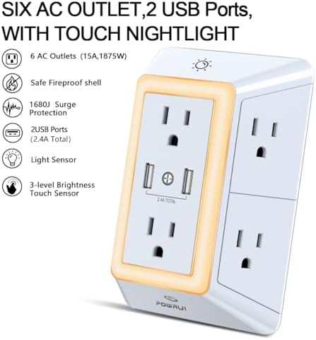 Maximize Your Charging Efficiency with the POWRUI 6-Outlet Extender & USB Wall Charger – Versatile Surge Protector with Dual 2.4 A USB Ports, Integrated Night Light, 3-Sided Design for Optimal Space Utilization, ETL Certified Safety, Ideal for Home and Office Use