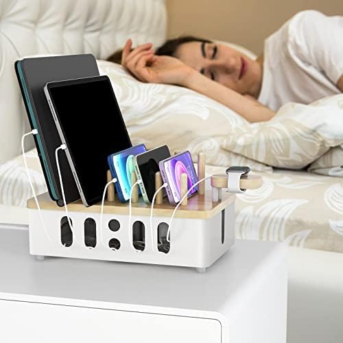 Modern Matte Black Multi-Device Charging Station with Wood Accents – Fast and Efficient Organizer for Phones, Tablets, and Smartwatches – Stylish Desk Accessory for Enhanced Workspace Organization and Productivity