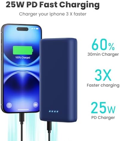 Ultra-High Capacity 40,800 m Ah Power Bank with 25 W Fast Charging – Dual Built-in Cables & 5 Outputs for Quick Device Charging – Compatible with i Phone 16/15 & Android – Sleek Blue Portable Charger for On-the-Go Power Solutions
