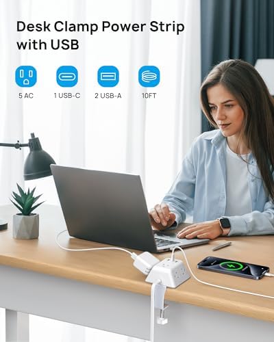 Ultimate Desk Clamp Power Strip: 5 AC Outlets & 3 USB Fast Charging Ports, Mountable Surge Protector for Home Office & Gaming, Fits 1.97″ Thick Table Edges, 6 FT Flexible Extension Cord, Enhance Productivity & Organize Your Workspace