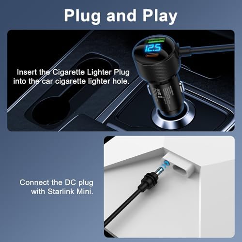 Starlink Mini 3-in-1 Cable Car Charger Adapter – 10 FT Durable DC Power Cable with Digital Voltage Display for Cars, SUVs, Trucks & RVs – USB-C PD 30 W & USB A 18 W Ports – Enhanced Compatibility for On-the-Go Charging Solutions