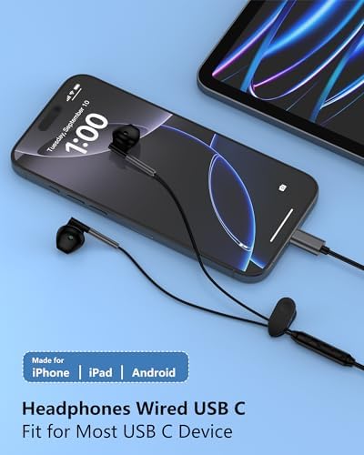 Dual Pack USB C Earbuds – High-Performance Wired Headphones for i Phone 16 & Samsung Galaxy S Series – Immerse in Crystal Clear Sound with Built-In Microphone & Intuitive Controls – Ultra-Lightweight Ergonomic Design for Extended Comfort – Rapid USB Type C Connectivity for Effortless Audio Experience and Exceptional Durability