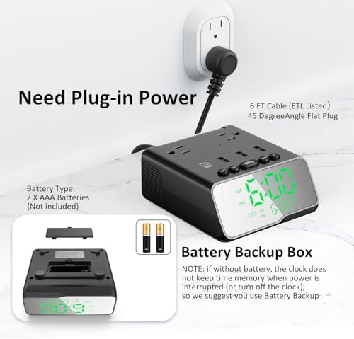Smart USB Charging Alarm Clock with Power Strip, 6 FT Cord – Multifunctional Bedside Station Featuring 4 USB Ports & 2 Outlets for Home, Hotel, or Travel – Adjustable Brightness & ON/OFF Control for Ultimate Convenience and Fast Device Charging