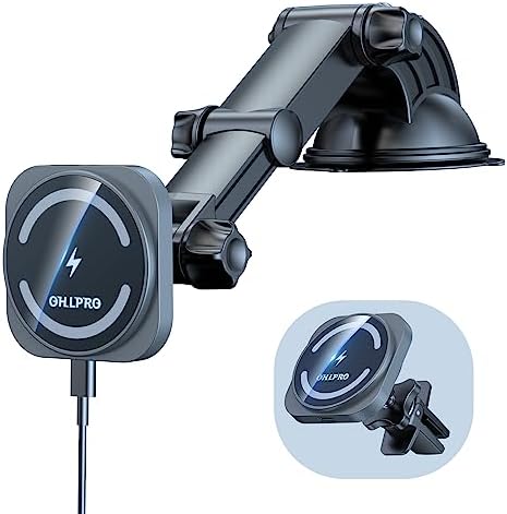 OHLPRO Mag Safe Car Mount Wireless Charger – 15 W Fast Charging Magnetic Phone Holder for i Phone 12-16 Series with Versatile Air Vent and Dashboard Installation – Enhanced Compatibility for On-the-Go Convenience and Safety