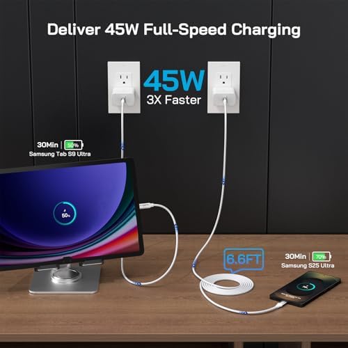 Dual-Pack 45 W Super Fast USB-C Charger with 6.6 ft Cables – Optimized PD/PPS Wall Charging Block for Samsung Galaxy S25/S24/S23 Ultra and Tab S8 – High-Efficiency Charging Solution for Home and Office Use