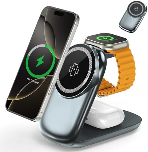 Ultimate 3-in-1 Foldable Wireless Charging Station for Apple Devices – Fast Max Charging for i Phone 16/15/14/13/12 Pro Max, Apple Watch Series 10-3 & Air Pods Pro/4/3 – Compact Travel Design with Smart Protection Features for Effortless Device Management – Silent Operation for Undisturbed Environments – Includes 20 W PD Adapter & USB-C Cable – Perfect for Home or Office Use