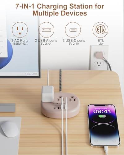 Stylish Brown Extension Cord with 1080 J Surge Protection – 5 FT Flat Braided Design Featuring 3 AC Outlets & 4 USB Ports (24 W/4.8 A) for Fast Charging – Ideal Tan Desk Accessory for Powering Devices Safely & Efficiently