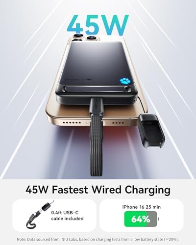 Ultra-Slim 10,000 m Ah Magnetic Power Bank for i Phone 16-12 – INIU Qi2 Certified 45 W Fast Charger with Integrated Kickstand & Lanyard USB-C Cable – Rapid 15 W Wireless & 45 W Wired Charging, Compact Design for Seamless Portability – Industry-Leading 3-Year Care Included
