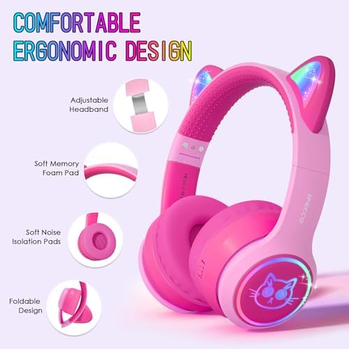 IFECCO Wireless Kids Bluetooth Cat Ear Headphones – Fun Light-Up Design with Volume Limiting Feature, Built-in Microphone, and Foldable Portability for Travel and Learning – Ultimate Gift for Young Music Enthusiasts