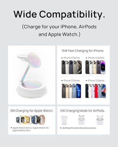 SODI 3-in-1 Magnetic Wireless Charging Station with Ambient Light – 15 W Fast Charger for i Phone 16, 15, 14, 13, 12 Pro/Max, Air Pods & Apple Watch – Sleek Design for Effortless Device Organization and Enhanced Charging Efficiency
