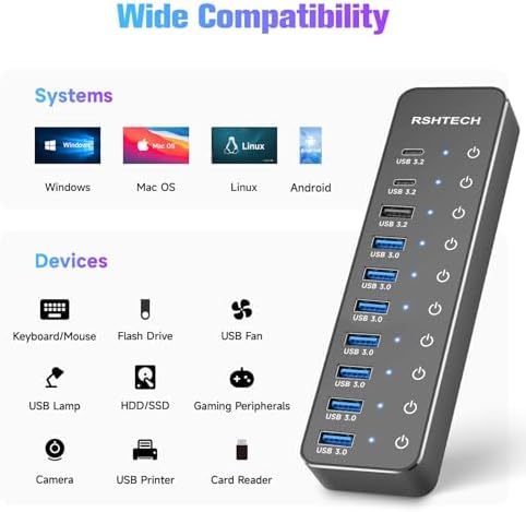 Elevate Your Workspace with RSHTECH 10-Port USB Hub – High-Speed 10 Gbps Data Transfer, 60 W Power Output for Rapid Charging, Individual Touch Controls for Seamless Device Management – Ideal USB-C and USB-A Solution for Laptops and PCs