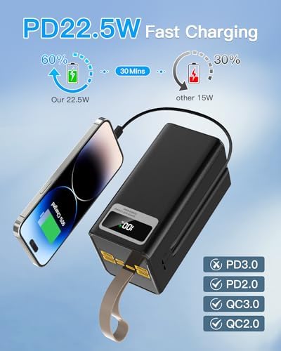 High-Capacity 60000 m Ah Power Bank with Dual Fast Charging Cables, 22.5 W Output, 7 Port Multi-Device Charger, Essential for Outdoor Adventures and Daily Use, Sleek Black Design with LED Flashlight for Emergencies – Ultimate Portable Charging Solution