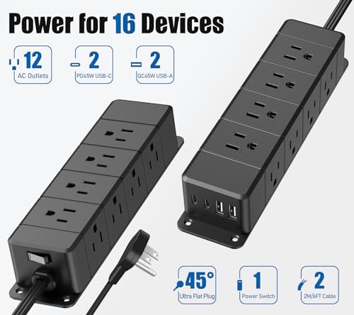 Maximize Workspace Efficiency with the 45 W USB-C Fast Charging Power Strip – 12 Outlets, 4 USB Ports, 1200 J Surge Protection, and 6 FT Flat Extension Cord for Seamless Under Desk Mounting and Enhanced Device Compatibility