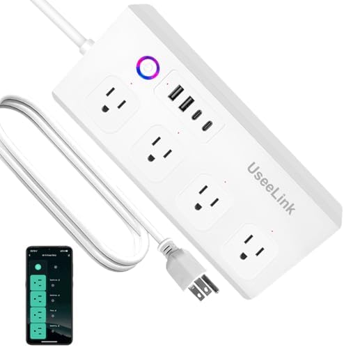 Smart Power Strip with Voice Control – Usee Link 4 AC Outlets & 4 USB Ports (2 A, 2 C) Surge Protector, 5 ft Cord, Wi-Fi Enabled for Alexa & Google Home, No Hub Required, Sleek Black Design for Modern Charging Solutions