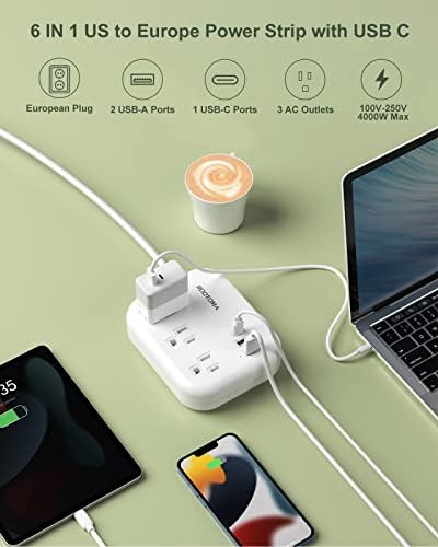 ROOTOMA 6 ft International Power Strip with 3 American Outlets & 3 USB Chargers – Essential US to EU Travel Adapter for Seamless Connectivity in Spain, France, Germany, Iceland – Compact & Durable Design for Travelers