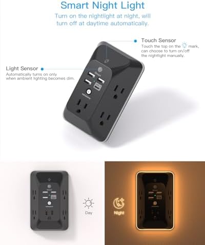 HANYCONY Versatile Black Outlet Extender with USB-C and Night Light – 4-Port Surge Protector Power Strip for Fast Charging in Home, Office, and Dorm Settings – Maximize Device Compatibility and Safety