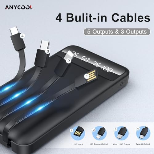 High-Capacity 40000 m Ah Portable Power Bank with 4 Built-In Cables, 5 Outputs & 3 Inputs – Ultimate Travel Charger & Emergency Backup with Flashlight for i Phone, Android, and Tablets – Versatile All-in-One Charging Solution with Enhanced Safety Features