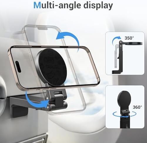 Universal Magnetic Airplane Phone Holder – 360° Rotatable & Adjustable Travel Mount for i Phone 16/15/14/13 – Compact, Foldable Stand for Enhanced Accessibility in Airplanes, Kitchens & Workspaces – Essential Travel Companion for Hands-Free Navigation & Streaming