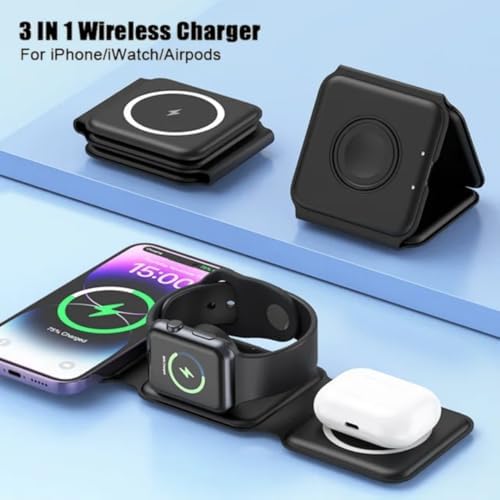Revolutionize Your Charging Routine with the 3-in-1 Magnetic Wireless Charger Dock for Apple Devices – Portable Foldable Design for Fast Charging i Phone 12-16, Apple Watch & Air Pods – Sleek Black Finish for Home & Travel Convenience – Ultimate Multi-Device Charging Solution