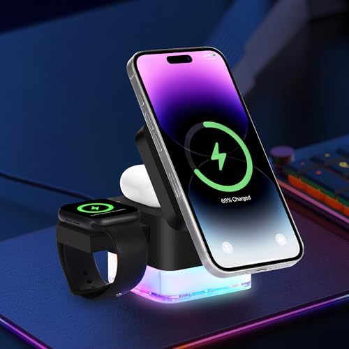 Revolutionary 3-in-1 Wireless Charger with Nightlight – Foldable Apple Charging Dock for i Phone 12-16, Apple Watch & Air Pods – 15 W Magnetic Fast Charging Station, Perfect for Home or Travel – No Adapter Required