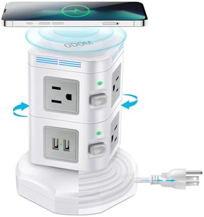 Revolutionize Your Charging Setup with ODOM’s 15 W Wireless Charging Power Strip Tower – 10 AC Outlets, 4 USB Ports, 1800 J Surge Protection, and 6 Ft Retractable Cord for Ultimate Home Office Efficiency and Device Safety