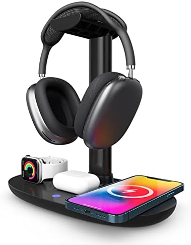 15 W Fast Wireless 4-in-1 Charging Station: Multi-Device Organizer and Headphone Stand for Phones, Earbuds, and Smartwatches – Ultimate Convenience and Sleek Design for Home or Office