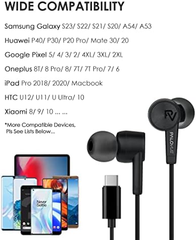 PALOVUE USB Type C In-Ear Headphones with Microphone & Volume Control – Advanced Noise Isolation Earbuds for Seamless Compatibility with Google Pixel, Samsung, One Plus, Huawei, Sony, & Mac Book – Exceptional Sound Clarity & Ergonomic Comfort for Daily Commutes, Workouts, and Entertainment