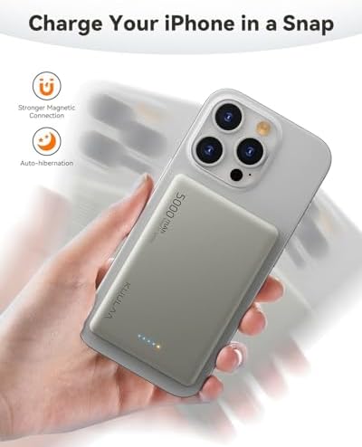 Ultra-Slim Kuulaa Mag Safe Battery Pack 5000 m Ah – Magnetic Portable Charger for i Phone 12-16 Pro Max with USB-C PD 20 W Fast Charging, Elegant Titanium Finish for On-the-Go Power Solutions