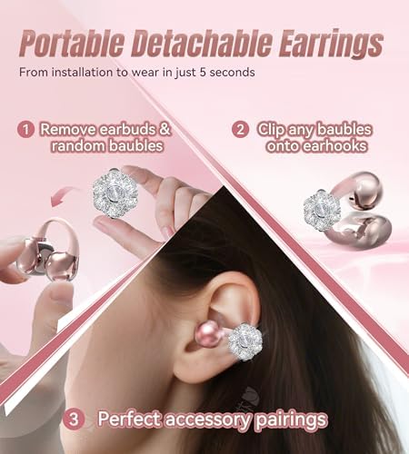 Chic Wireless Bluetooth 5.4 Earbuds with Fashionable Detachable Flower Earrings – Stylish Open Ear Headphones for Women, Waterproof IPX5 Rated, 50-Hour Playtime, Ideal for Festivals, Parties, and Unique Gift Giving (White)