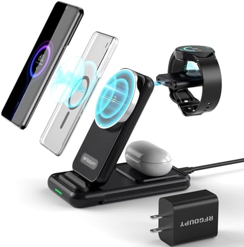 Ultimate 4 in 1 Wireless Charging Station for Samsung & i Phone – Foldable Mag-Safe Charger for Galaxy S24/S23/S22, i Phone 15/14/13/12, Galaxy Watch 7/6/5, Apple Watch & Air Pods – Fast Charging & Enhanced Compatibility for All Your Devices