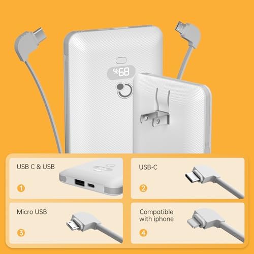 Brand Q 10000 m Ah Portable Power Bank with Integrated Cables & AC Wall Plug – USB-C Fast Charging Solution for i Phone, Tablets, and All Smartphones – Multidevice Charging & Travel-Friendly Design for Ultimate Convenience and Reliability