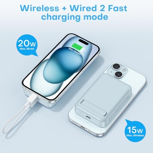 OMOTON 10,000 m Ah Magnetic Power Bank with Foldable Stand – Fast Charging Battery Pack for i Phone 15 and Above, Enhanced LED Display for Real-Time Monitoring, Sleek Gray and White Design for Ultimate Portability and Style